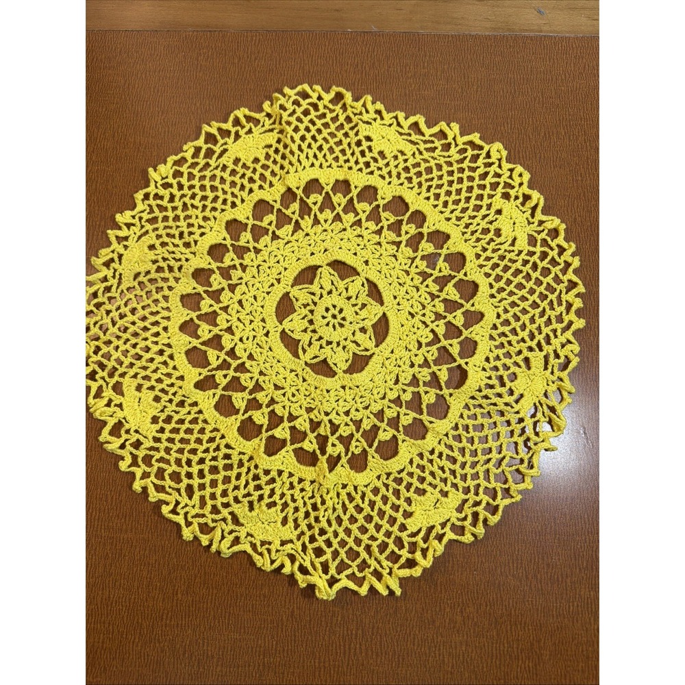 Vtg Hand Crocheted Lace Doily 14" Round Yellow